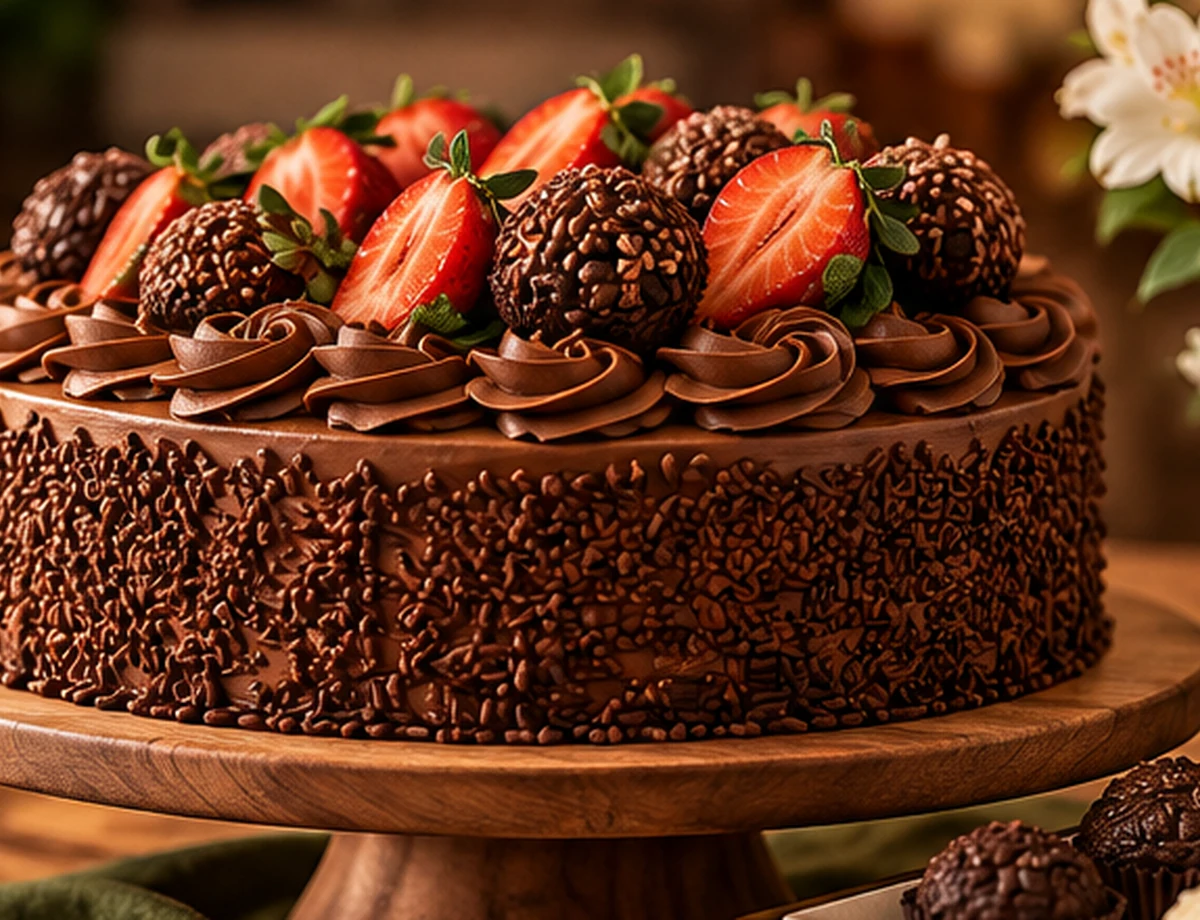 Bolo de chocolate com morangos — imagem ilustrativa